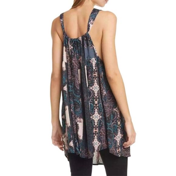 Free People Black Blue Print Count Me In Trapeze Sleeveless Tunic Size Small New - Picture 1 of 15